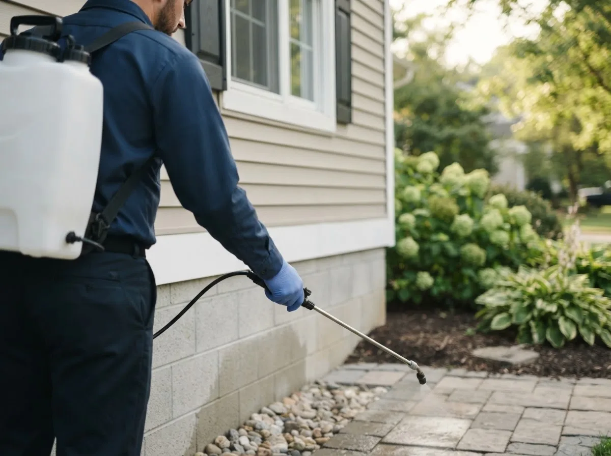 Pest control technician inspecting a home in Quinnesec, MI